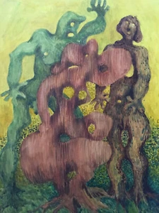 Sehr schöne surrealistische Zeichnung Gouache Papier Jacques Allonsius 1976 fantastisch - Bild 1 von 8