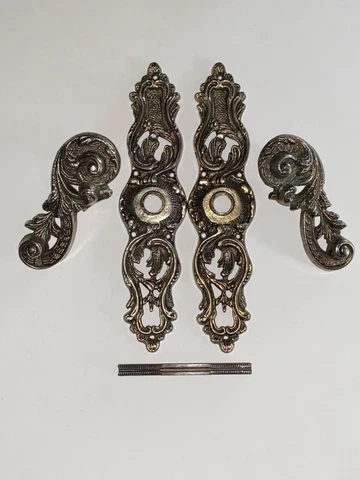 Vintage VIP Fancy Victorian Lever Door Handles w/ Backplates Silver Plated Brass Cover