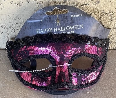 Black Lace Over Fuchsia Pink W/ Sequins & Mac Maskerade Eye mask Momentum Brand - Image 1 of 3