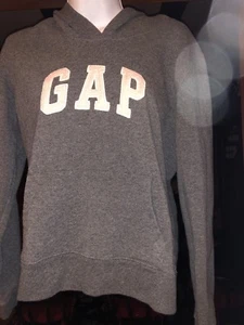 Women's GAP Stretch Charcoal Gray Pullover Long Sleeve Hoodie Pink Lettering M - Picture 1 of 5