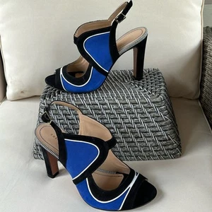 COSMO PARIS Black Cobolt Blue And White Suede Slingback Shoes Size 37 US 6.5 - Picture 1 of 9