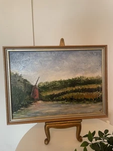 Vintage Windmühle Ölgemälde signiert Amateur gerahmt Galerie Wand Landschaft - Bild 1 von 4