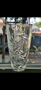 Heavy Etched Crystal Vase Sawtooth Edge 8.5" Tall Starburst Pinwheel Clear  - Picture 1 of 4