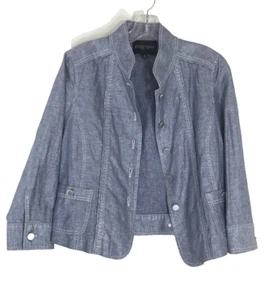 ETCETERA Metallic Blue Denim Jacket 3/4 Sleeve Front Buttons Pockets Size-6 - Picture 1 of 5
