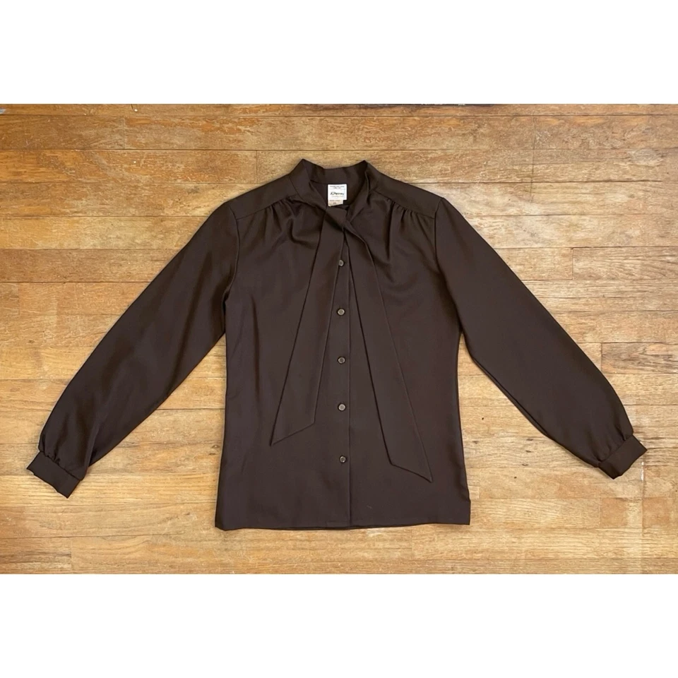 Vintage 1960s Pussy Bow Blouse Size Small 60s Brown Button Down Top Shirt - Image 1 of 4