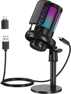 NJSJ USB Microphone for PC, RGB Gaming with Mute Button, Condenser Gain knob
