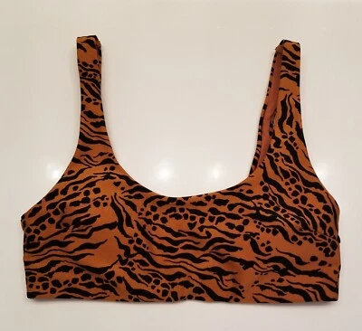 H&M Crop Bralette Top Sz 6 Tiger Cat Print Lined Bra Black Brown Light Padding - Image 1 of 4