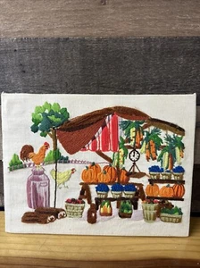 Vintage 1975 Caron Crewel Fruit Stand Farm Needlepoint 12x9 - Picture 1 of 6