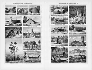 1905 PRIMATIVE HUTS TEEPEES DWELLINGS VINTAGE ENGRAVING ILLUSTRATION PRINT 2pgs - Picture 1 of 3