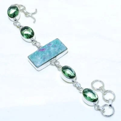 Brazalete Joyería Plata Piedras Preciosas Amatista Verde Rubí Fucsita 7-8" BRJR3488 Foto 1 de 2