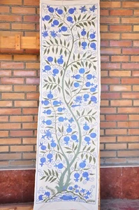 Suzani Table Runner, Uzbek Pomegranate Embroidery, Handmade, Silk/Cotton, Blue - Picture 1 of 10