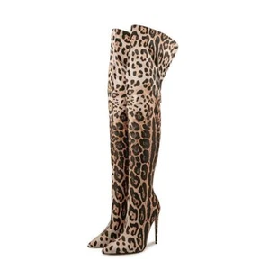 Pointed Toe Women's Knee High Boots Leopard Print Side Zip Stilettos Pumps Party - Picture 1 of 9