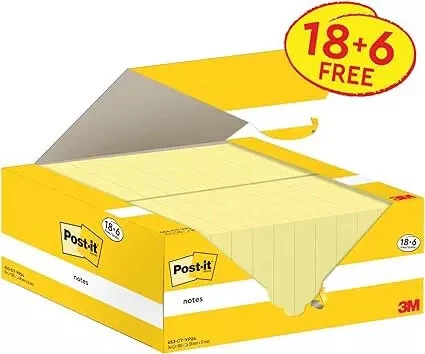 Post-it  Notes 38x51mm Canary Yellow Promo Pack 100 Sheets per Pad (Pack 18 + 6 - Image 1 of 1
