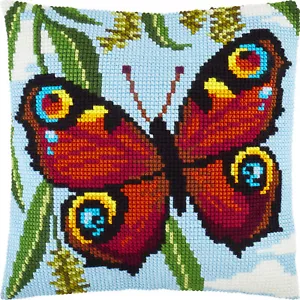 DIY Cross Stitch Pillow Kit "Peacock Butterfly", 16x16" / 40x40 cm - Picture 1 of 4