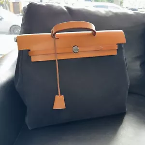 Hermes Herbag Vintage Toile & Vache Black/ Tan Brown Leather Top Handle Bag - Picture 1 of 24