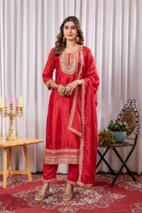 FUNCTION WEAR RED CHINNON SILK SALWAR KAMEEZ WITH DUPATTA FOR WOMEN & GIRLS - Bild 1 von 12