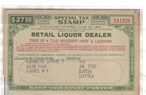 Revenue: 1950 Retail Liquor Dealer Special Tax Stamp, $27.50 (14479) - Picture 1 of 1