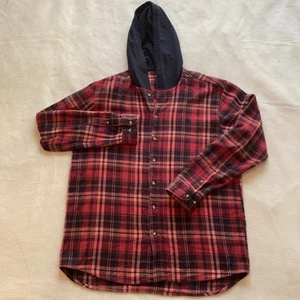 VINTAGE 10 DEEP Hooded Buffalo Plaid Flannel Shirt Mens XL Red Y2K Streetwear - Bild 1 von 7
