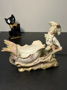 Dresden Porcelain Antique 1900s Boy Wheelbarrow Gravy Boat Candy Dish Planter - Picture 1 of 13
