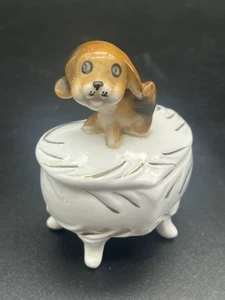 Vintage Enesco Bone China Heart Shaped Trinket Box w Puppy on Lid Small 2.5" - Picture 1 of 7