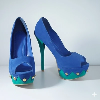 Liliana Pumps Size 7 Phoebe Blue Green Peep Toe Gold Stud Suede High - Image 1 of 4