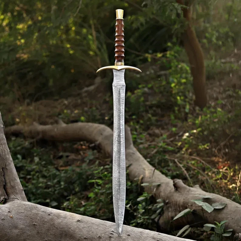 Authentic Damascus Steel Viking Sword Double Edge Full Tang with Leather Sheath - Image 1 of 4