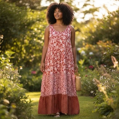 Lands' End Women's Colorful Lightweight Tiered Maxi Dress 2X Cotton Blend Floral - Image 1 of 4