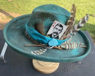 Olive & Pique Teal/Green Feathered Hat With Playing Card Accent Adjustable - Image 1 of 4