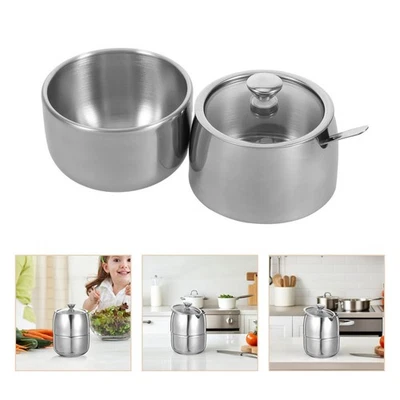  1 set di contenitori per spezie in acciaio inox con coperchio e cucchiaio, per - Immagine 1 di 4