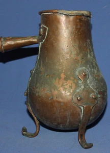 ANTIQUE HAND MADE METAL FOOTED PITCHER JUG WITH WOODEN HANDLE - Picture 1 of 11