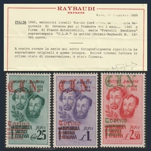 1945 CLN Torino Fratelli Bandiera soprastampati C.L.N. Certificato Raybaudi MNH - Foto 1 di 4