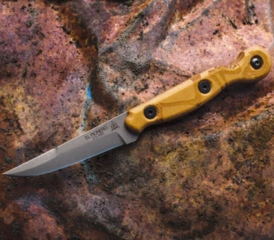 TOPS El Pionero Fixed Knife 3.38" 1095 Steel Blade Tan Canvas Micarta Handle - Image 1 of 4