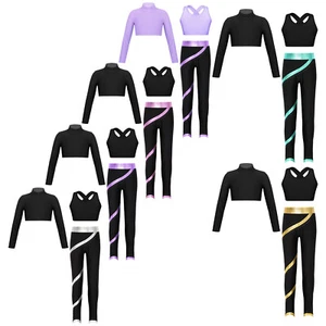 Kids Girls Tracksuit Workout Suit Sports Outfit Pants Training Hip Hop Stage - Picture 1 of 72