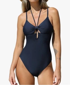 Cupshe One Piece Swim Costume Women's UK Size M Navy Halter Drawstring Cutout - Picture 1 of 8