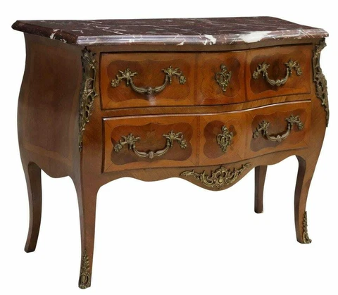 Commode, French Louis XV Style Marble-Top Mahogany, Floral Marquetry, Gilt Metal Cover