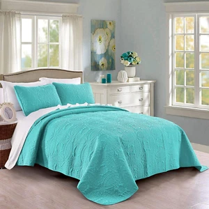 Quilt Set King,Cal King,California King Size Geometric-aqua, Oversized Bedspread - Picture 1 of 6