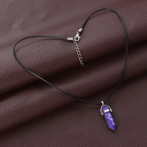 Hexagonal Quartz Crystal Stone Pendant Necklace with Wax Rope for Women - Picture 1 of 11