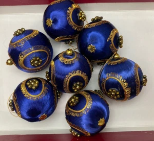 Vintage Mercury Bead Christmas Tree Ornament Blue Satin Lot of 7 - Picture 1 of 6