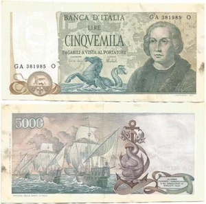 1973 ITALY 5000 Lire Note COLUMBUS PORTRAIT With Ships NIÑA, PINTA & SANTA MARIA - Picture 1 of 3