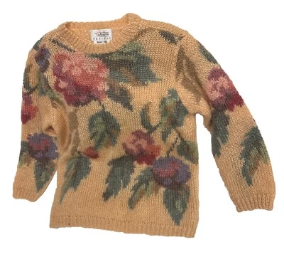 Vintage 90s Talbots Petites Hand Knit Mohair Pink Floral Crew Neck Sweater Sz PS - Image 1 of 4