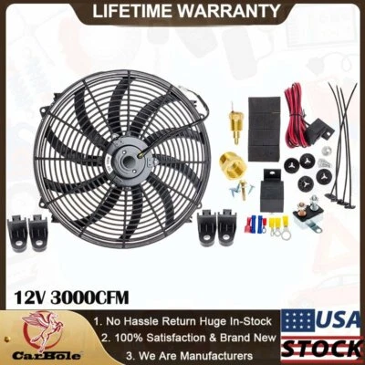 Ventilador de refrigeración de radiador eléctrico de 16" 12V 3000CFM Termostato Interruptor de cableado Kit de relé Foto 1 de 4