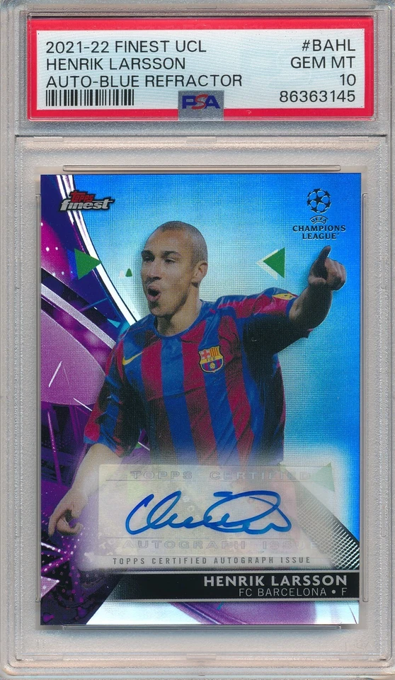 2021-22 FINEST UCL HENRIK LARSSON BLUE REFRACTOR AUTO #113/150 PSA 10 GEM MINT - Image 1 of 1