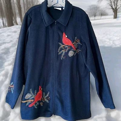 Quacker Factory Womens Fleece Jacket  Large Black Embellished Cardinals Sequins - Image 1 of 4