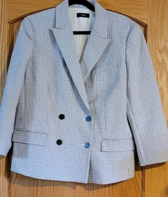 Theory Size 12 Women's Pinstripe Double Breasted Blazer Jacket Black White (R6) - Image 1 of 4