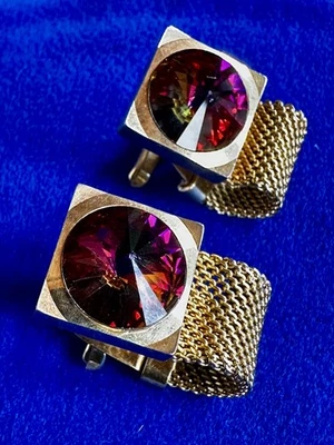 Vintage gold tone metal Wrap a Around Aura Iridescent glass Stone Cufflinks - Image 1 of 4
