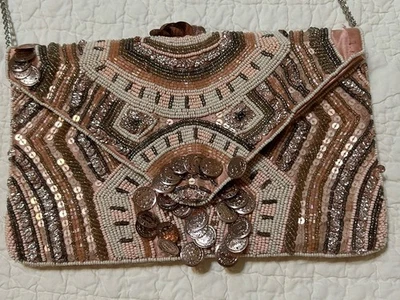 Clements Ribeiro Clutch Purse Chain Strap Pink Sequined Beaded Coins Converts - Image 1 of 4