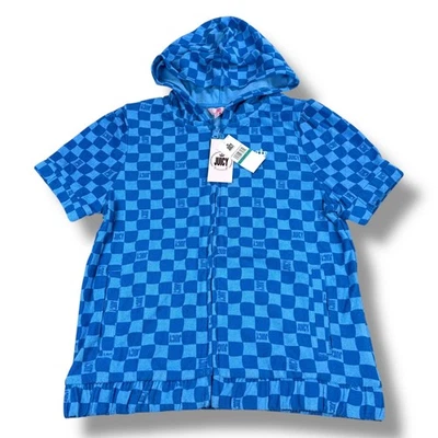NWT Juicy Couture Terry Hoodie Girl's XL(16) Blue Checkered Short Sleeve Zip Up - Image 1 of 4