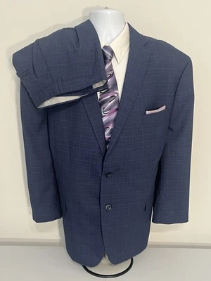 Michael Kors 2-piece navy plaid big man suit men size 50s flat pants 44x25 2B2V - Image 1 of 4