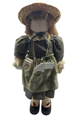 Muñeca vintage país cuadros sombrero callejero flores delantal verde rayas soporte 22" LEER Foto 1 de 4