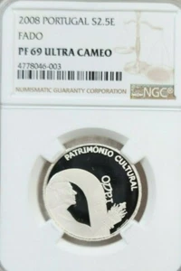 2008 PORTUGAL SILVER 2.5 EURO S2.5E FADO NGC PF 69 ULTRA CAMEO SCARCE TOP POP ! - Picture 1 of 4
